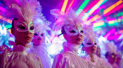 Women in feathered masks at vibrant neon party