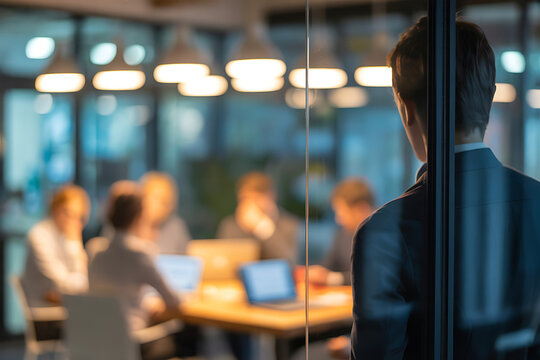 Young businessman in suit looking through a glass partition at a blurred group of colleagues working on laptops during an evening corporate meeting in a modern creative office - Powered by Adobe