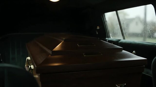 Dark Wooden Coffin Inside a Funeral Car Moving Through Rain on a Gloomy Day