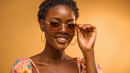 Stylish Black woman smiles, adjusting sunglasses