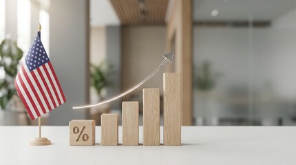 US flag with rising bar chart and percent sign for economic report and metrics.