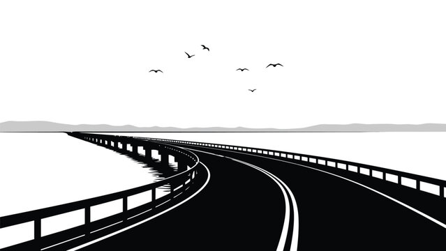 Silhouette of a winding road with guardrails and birds flying overhead in a flat illustration style isolated on white background