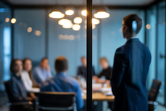 Rear view of a young businessman in a dark blue suit standing by a glass wall observing a blurred group of colleagues during a late night corporate strategy meeting in the office