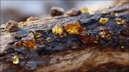 myrrh. Myrrh tree trunk with golden resin drops in natural sunlight. gardening catalogs, home-decor guides, botanical posters, designed for gardening and botanical catalogs, used by architects.