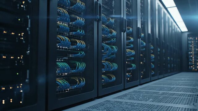 Tilted Shot of a Server Room with Rows of Racks and Blue and Green Network Cables