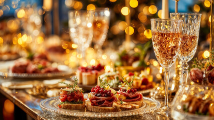 Elegant appetizers and champagne at festive party