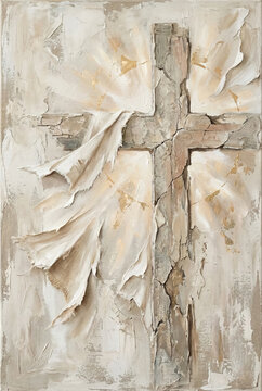 Easter cross and shroud textured painting. Christian resurrection symbol with draped cloth. Neutral abstract religious wall art for faith and worship decor