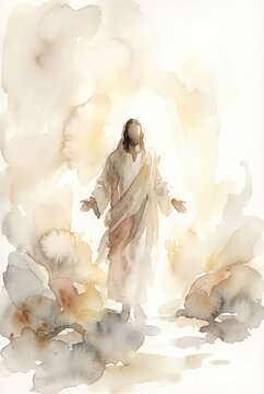 He is risen Jesus abstract watercolor illustration. Resurrection faith inspired art with soft neutral tones. Christian spiritual wall decor for Easter and worship