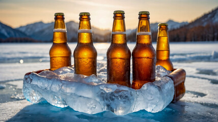 Golden beer bottles chilling on ice, mountain sunset