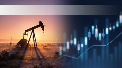 Oil pumpjack silhouette with candlestick chart overlay for oil price analytics.