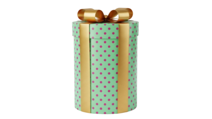 Isolated Green Gift Box with Pink Polka Dots and Gold Bow—Festive Celebration Present