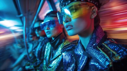 Cyberpunk models in vibrant neon nightclub atmosphere