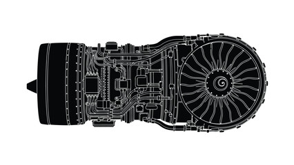Detailed black and white line drawing of airplane jet engine with fan blades isolated on white background