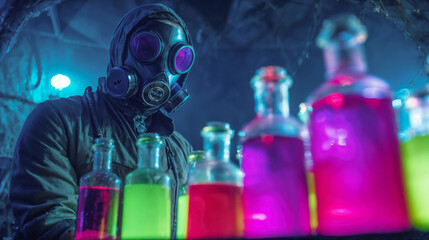 Person in gas mask examining glowing chemical bottles