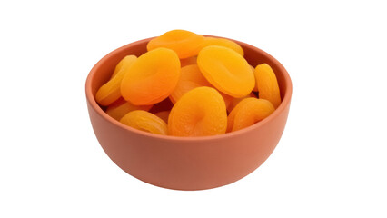 Isolated terracotta bowl filled to the brim with vibrant orange dried apricots dessert treat