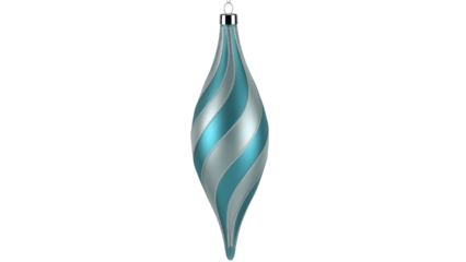 Isolated teardrop-shaped ornament, silver and teal stripes, holiday decorating concept