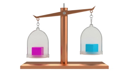 Isolated comparison balance scales with colored cubes showing weight differences illustration