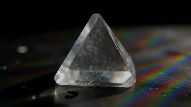 Close up of a clear triangular prism refracting light into a spectrum of rainbow colors on a dark reflective surface