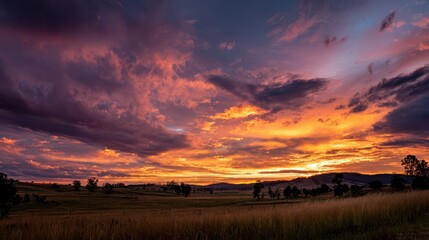 Moody sunset with dramatic cloud formations and silhouetted treeline