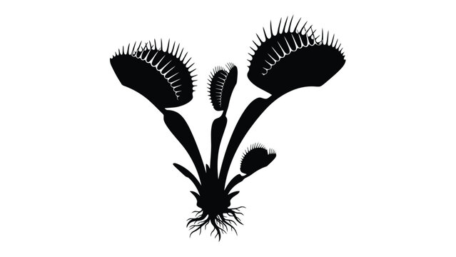 Black silhouette of a Venus flytrap plant with multiple heads isolated on white background