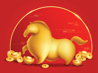 Golden Horse on Oriental Paper Graphic Chinese New Year Festive Background. 
