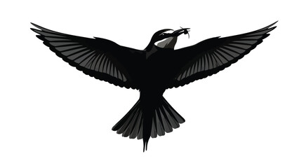 Naklejka premium Black bird in flight silhouette with outstretched wings and insect isolated on white background