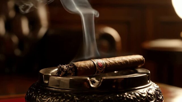 Close up of a burning cigar resting in an ornate ashtray with smoke gently rising