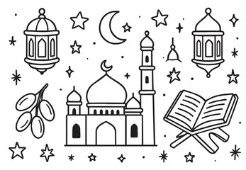 Ramadan Kareem Hand Drawn Doodle Set with Mosque, Islamic Lanterns, Quran and Moon © Shahnaz