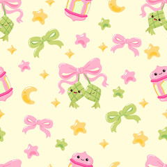 Cute Ramadan Mubarak ketupat and lantern seamless pattern