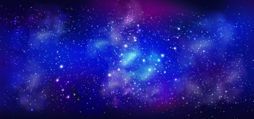 Obraz premium Space night background. Cosmic starry sky. Magic galaxy. Nebula and stars. Colorful universe interstellar texture. Cosmos infinite. Starlight sparkles. Stardust shine. Vector realistic starry backdrop