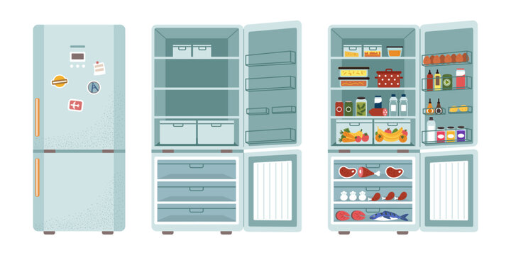 Refrigerator. Fridge closed and open with food. Food storage. Kitchen appliance. Cooling, daily meal intake, frozen preservation. Shelves with fruits. Vector tidy cartoon flat isolated illustration