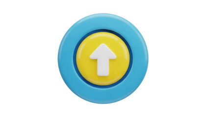Isolated blue and yellow 3D arrow icon to show upward direction or upload button