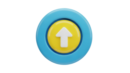 Isolated blue and yellow 3D arrow icon to show upward direction or upload button