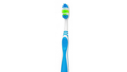 Blue and white toothbrush with green and blue bristles, isolated on transparent background
