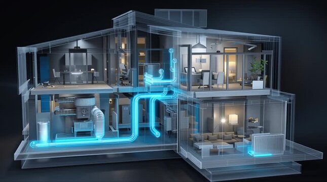 Cutaway modern residential home, high-efficiency gas furnace operation outside blue energy flow, advanced filtration condensing technology emissions exhaust, transparent materials, sleek technical 4k