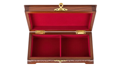 Isolated decorative wooden jewelry box open, showing red lining, hinges, and lock clasp