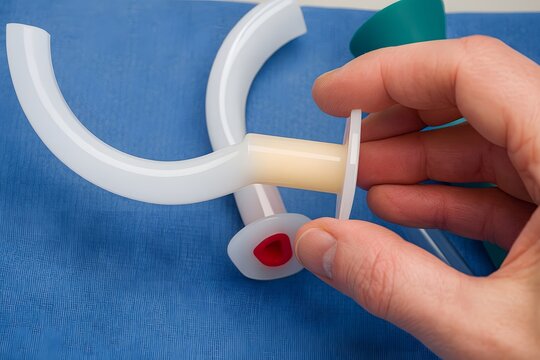 High-quality close-up of a Guedel oropharyngeal airway used in anesthesia, emergency medicine, and airway management, representing critical care, patient safety, and resuscitation equipment.