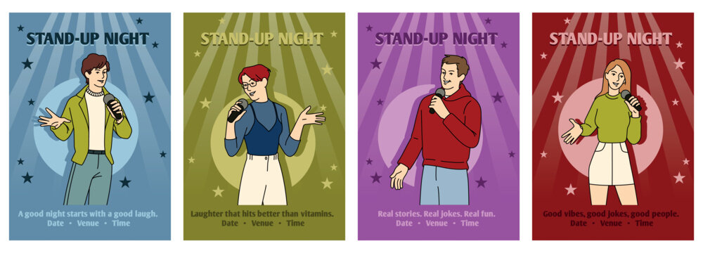 Comedy show. Monologue on stage. Artists club. Woman and man with microphone. Humorous performance. Joke stories of speakers. Show promotion, event flyer. Vector cartoon flat isolated illustration