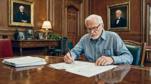 Elderly man writing documents in a traditional office