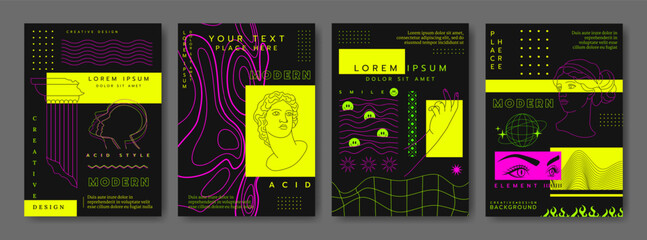 Y2k design banner. Acid body sculpture. Psychedelic waveform texture. Rave smile. Distorted glitch line figure. Geometric cyber grid. Futuristic people. Vector cyberpunk collage abstract posters set