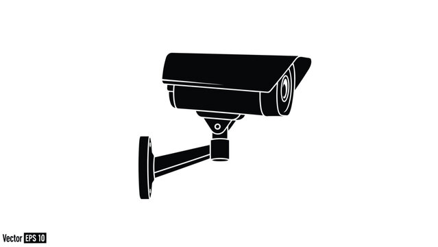 Black silhouette of a security camera on a , flat vector design isolated on white background