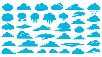 A wide variety of stylized blue cloud vector icons displaying distinct shapes and weather elements like rain drops and wind lines, arranged in rows against a plain white background