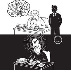 A funny cartoon illustration of a teacher and students in a school office where a woman and boy study books and work on a computer with humor