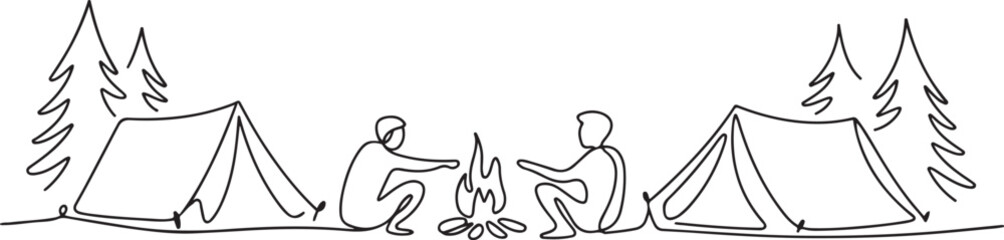 Obraz premium One continuous line drawing of People camping vector illustration. one line Art icon drawing