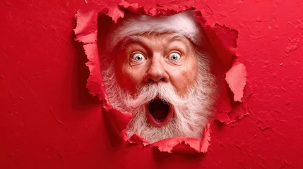 Santa Claus peeking through torn red paper with surprise © Ruslan Gilmanshin