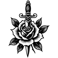 Obraz premium Black and white dagger with rose and leaves tattoo design.
