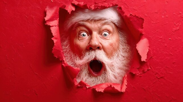 Santa Claus peeking through torn red paper with surprise