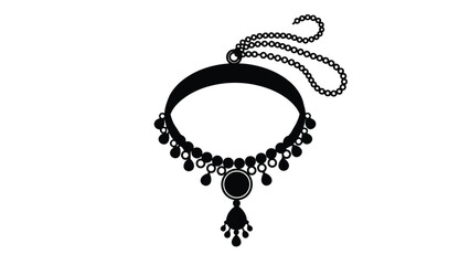 Black choker necklace silhouette with chain and pendant isolated on white background