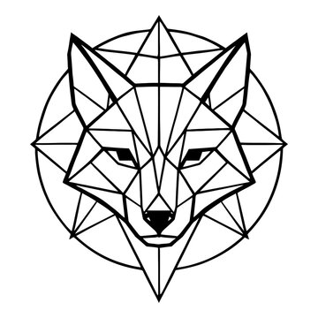 Geometric wolf head drawing with symmetrical lines in black and white.