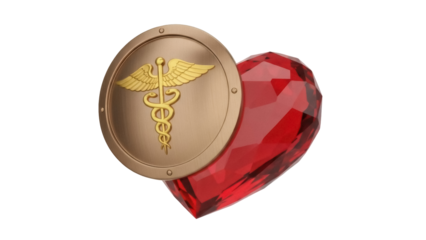 Isolated Medical caduceus emblem on a round badge with a faceted heart ruby symbol